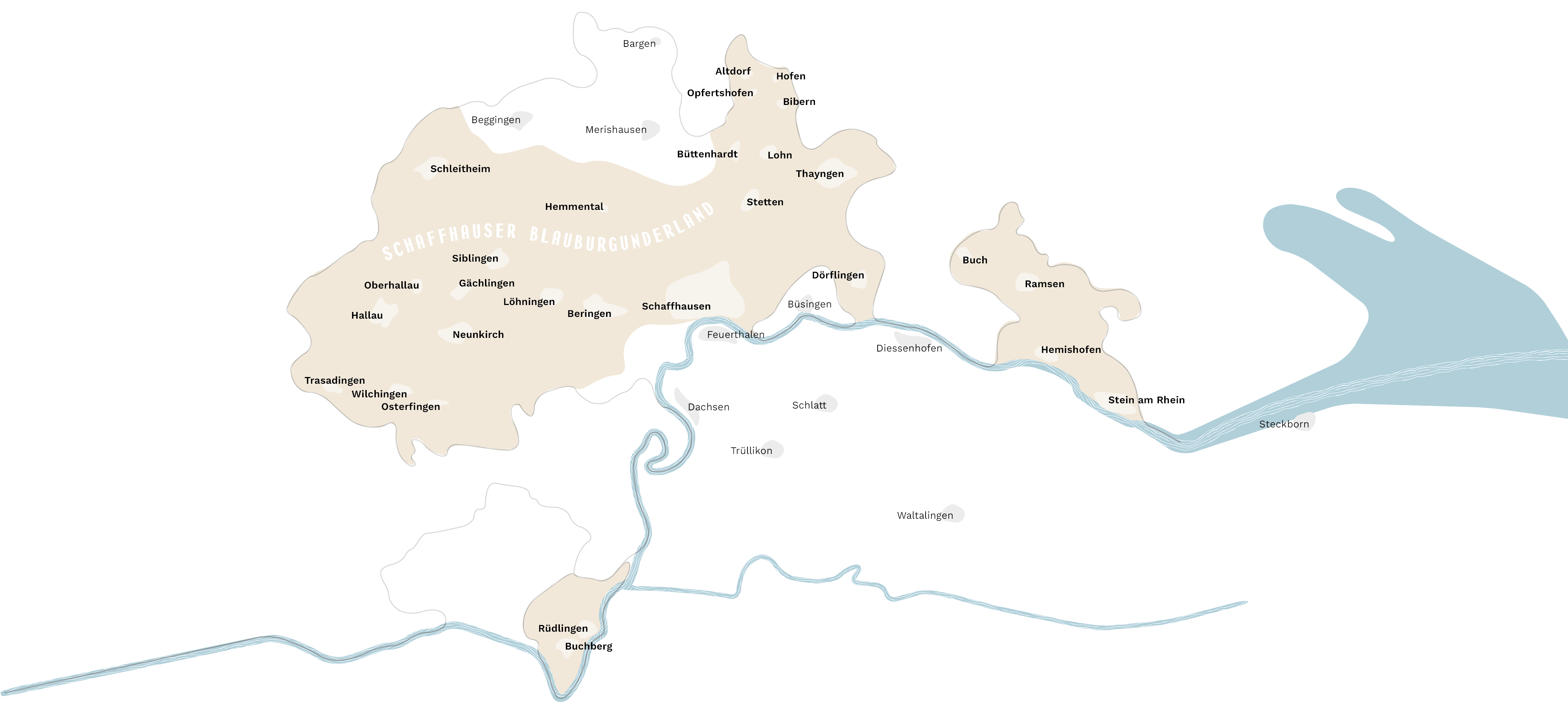 Karte Schaffhauser Blauburgunderland Karte des Kanton Schaffhausen. Gemeinden, die zum Schaffhauser Blauburgunderland gehören, sind braun eingefärbt.